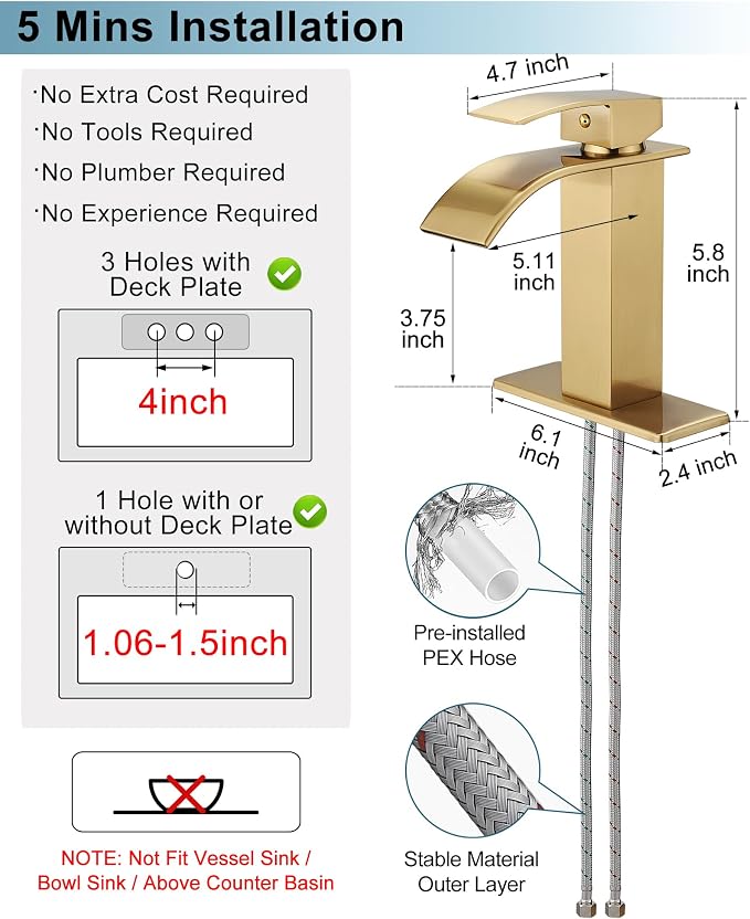 Gold Bathroom Faucet Waterfall, Brass Bathroom Faucets Single Hole or 3 Hole 4 Inch, Single Handle Bathroom Sink Faucet with Deck Plate & Drain