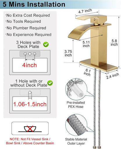 Gold Bathroom Faucet Waterfall, Brass Bathroom Faucets Single Hole or 3 Hole 4 Inch, Single Handle Bathroom Sink Faucet with Deck Plate & Drain