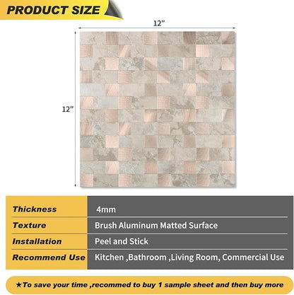 Yipscazo Peel and Stick Backsplash Tile, Stick on Stainless Steel Look Backsplash Metal Tiles for Kitchen Walls in Beige Stone Mixed Metal (12''x12'',10 Sheets)