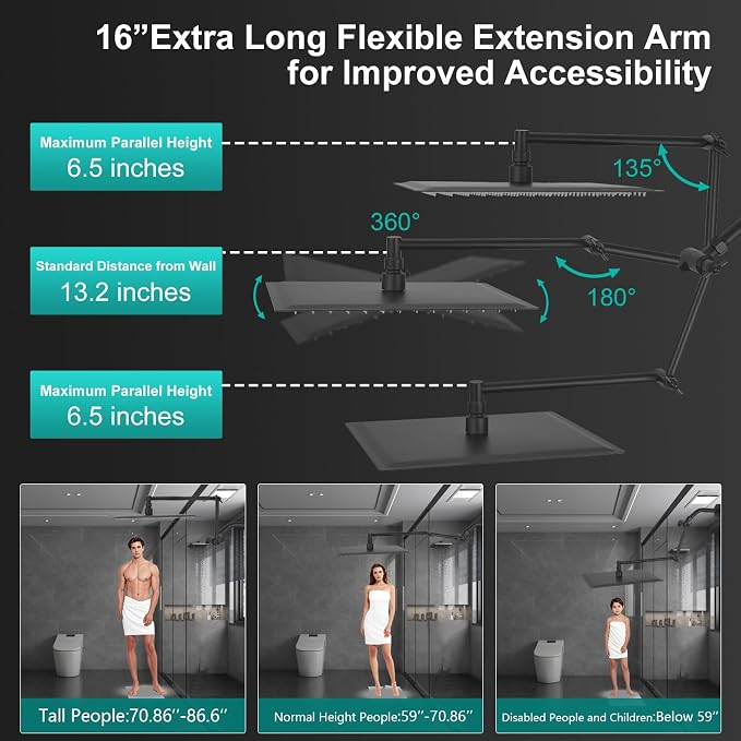 All Metal 12 Inch Rain Shower Head with Handheld Spray Combo, High Pressure Waterfall Rainfall Square Shower Heads with 16" Adjustable Extension Arm, Dual Showerhead with 3-Way Diverter, Matte Black