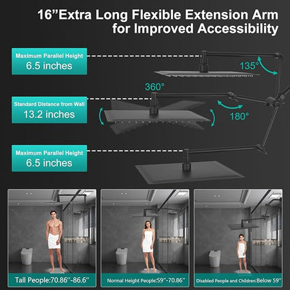 All Metal 10 Inch Rain Shower Head with Handheld Spray Combo, High Pressure Waterfall Rainfall Square Shower Heads with 16" Adjustable Extension Arm, Dual Showerhead with 3-Way Diverter, Matte Black