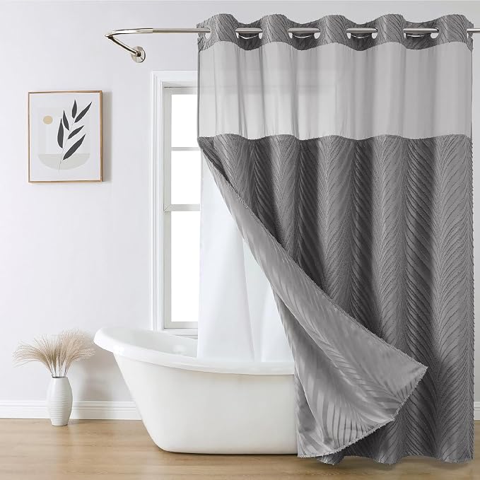 eachope no Hook Shower Curtain and Liner Set，Boho Style with See Through Top Window, Grey Fabric Tufted Striped Textured Outer Curtain & Waterproof Inner Liner, Grey/Gray, 71Wx77H