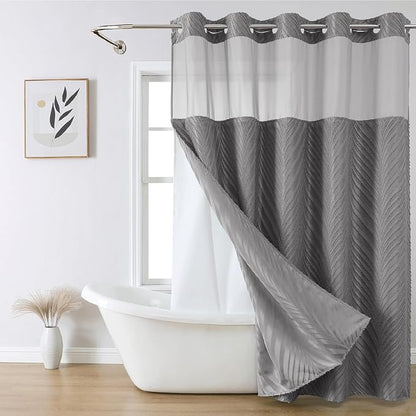 eachope no Hook Shower Curtain and Liner Set，Boho Style with See Through Top Window, Grey Fabric Tufted Striped Textured Outer Curtain & Waterproof Inner Liner, Grey/Gray, 71Wx77H