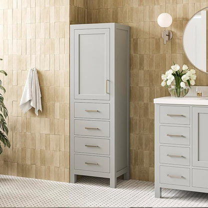 ARIEL Cambridge Bathroom Storage Cabinet - Solid Hevea Wood and Fully Assembled for Long-Lasting Durability and Sophisticated Finish, Freestanding Linen Bathroom Cabinet - 65”H x 20”W x 16”D, Grey