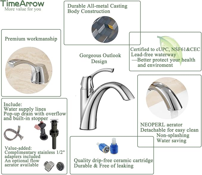 Chrome Bathroom Faucet, Single Handle Bathroom Sink Faucet for 1 Hole with 3 Holes Deck Plate, Lavatory Vanity Faucets, Pop Up Drain and Water Supply Lines Included, TAF206-CP