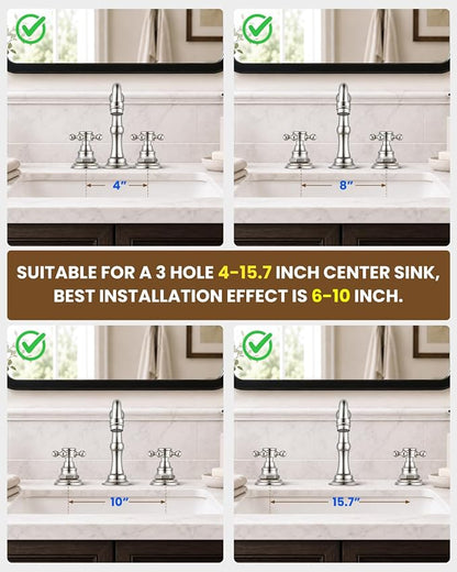 gotonovo 3 Hole 8’’ Widespread Bathroom Sink Faucet Brushed Nickel | Vintage Bathroom Faucet,2 Cross Handle,6-16’’ Sink,Vanity,Basin,RV,Farmhouse,SUS304,24’’ cUPC Hose Pop Up Drain,Deck Mount
