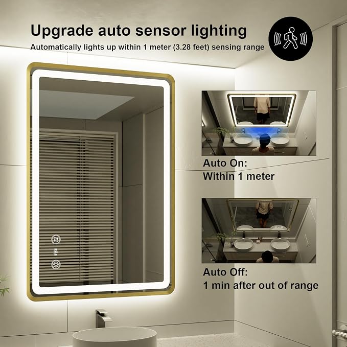 24x36 Inch Gold Framed LED Bathroom Mirror, Smart Bathroom Mirror with Motion Sensor Lights, Anti Fog, Stepless Dimmable & 3 Colors Temperature Adjustment, LED Vanity Mirror for Wall
