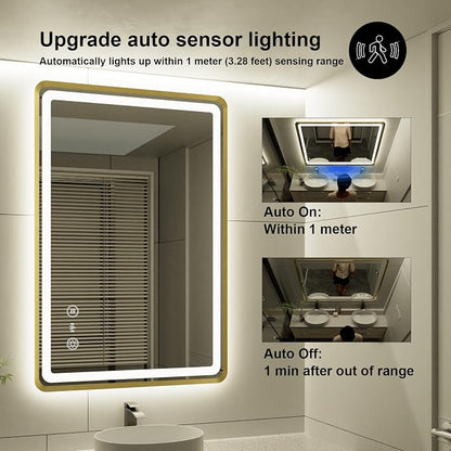 24x36 Inch Gold Framed LED Bathroom Mirror, Smart Bathroom Mirror with Motion Sensor Lights, Anti Fog, Stepless Dimmable & 3 Colors Temperature Adjustment, LED Vanity Mirror for Wall