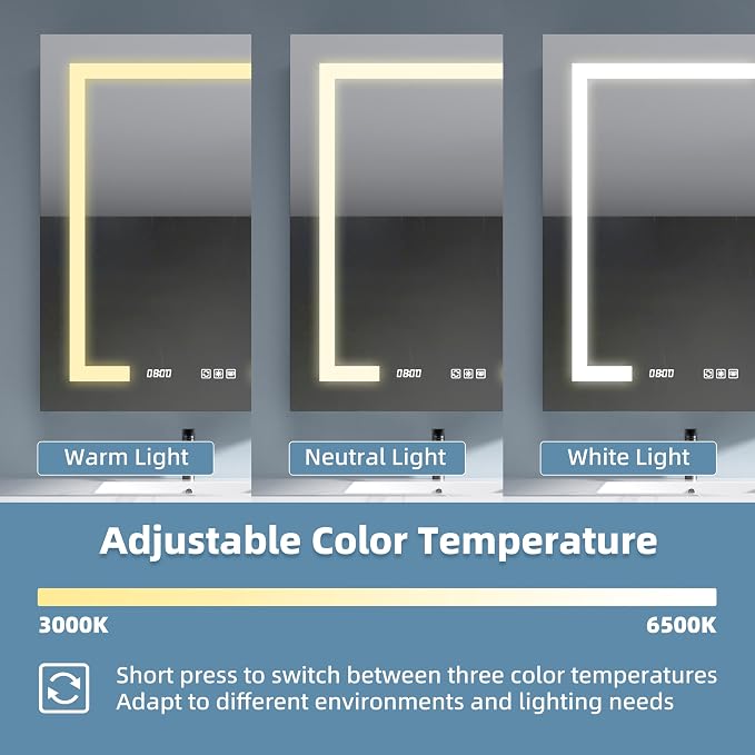 Medicine Cabinet with Lights 24x30 Anti-Fog Mirror Dimmable | 3 Color Dimmable LED. Time Temp Display. Anti-Fog IP44. 2 Outlets+2 USB. Plug-in/Hardwired. Recessed/Wall Mount. Left Hinge.