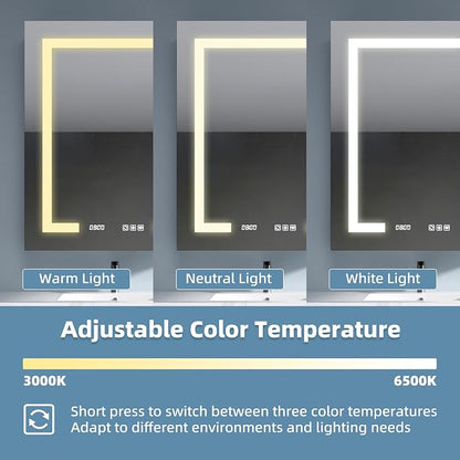 Medicine Cabinet with Lights 24x30 Anti-Fog Mirror Dimmable | 3 Color Dimmable LED. Time Temp Display. Anti-Fog IP44. 2 Outlets+2 USB. Plug-in/Hardwired. Recessed/Wall Mount. Left Hinge.