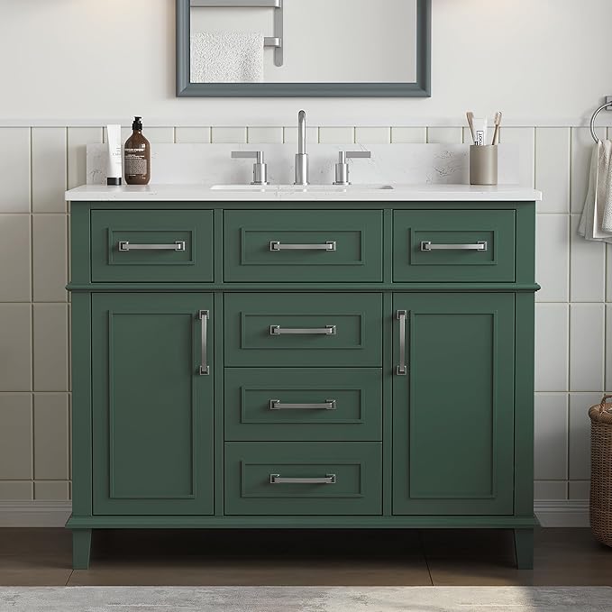 42 Inch Green Bathroom Vanity with Sink, Fully Assembled Bathroom Vanities with Soft Closing Doors & Dovetail Drawers, Solid Wood Vanity with Sink, 42 Inch Vanity for Bathroom