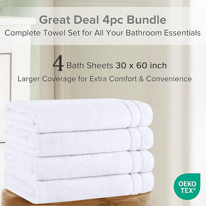 Comfort Spaces Extra Large Bath Towel Set of 4 Piece 30x60 Bath Sheet Set Shower Towel Beach Towel 100% Cotton Bathroom White Towel Set Quick Dry Oversized Highly Absorbent Soft 400GSM Dual Layer