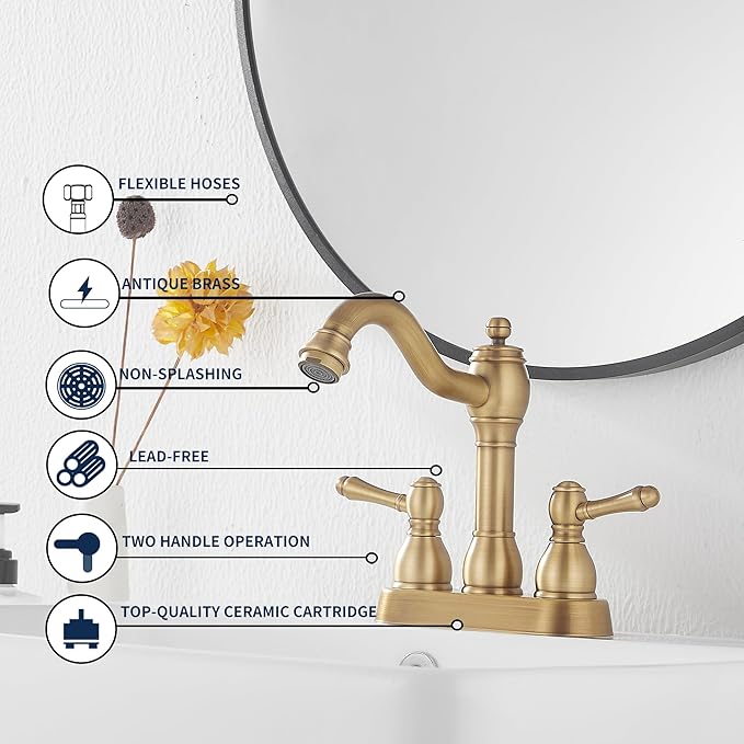 GGStudy Antique Brass Bathroom Faucet 2 Handles 4 Inches Centerset RV Bathroom Vanity Faucet with Drain Assembly and Supply Hose Lavatory Faucet