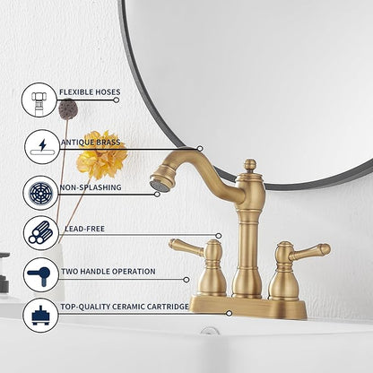 GGStudy Antique Brass Bathroom Faucet 2 Handles 4 Inches Centerset RV Bathroom Vanity Faucet with Drain Assembly and Supply Hose Lavatory Faucet
