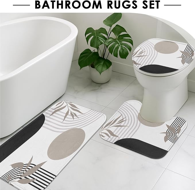 Bathroom Sets with Shower Curtain and Rugs, Boho, 4 Pcs Geometric | Vintage Abstract Minimalist Bathroom Decor Set with Toilet Lid Cover, Non-Slip Bath Mats and Accessories 12 Hooks