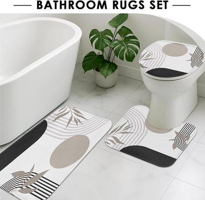 Bathroom Sets with Shower Curtain and Rugs, Boho, 4 Pcs Geometric | Vintage Abstract Minimalist Bathroom Decor Set with Toilet Lid Cover, Non-Slip Bath Mats and Accessories 12 Hooks