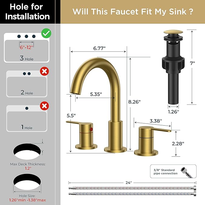 QFN Bathroom Faucets 3 Hole Brushed Gold, 8 Inch Widespread Vanity Sink Faucet with Aerator, 2 Handle 360° Swivel High Arc Spout, Spot-Free Finish, cUPC NSF Certified and CEC & DOE Compliant