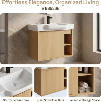 28" Bathroom Vanity with Sink, Wall-Mounted Cabinet, Light Oak | Ceramic Sink, Soft-Close Door & 2 Open Storage Shelves, Modern Farmhouse Sink Cabinet, Easy to Clean for Small Bathroom