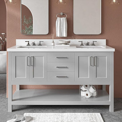 ARIEL Magnolia 60-inch Bathroom Vanity with Sink,Solid Wood, 1.5-inch Pure White Quartz Countertop & Backsplash, Double Rectangular Porcelain Sink, 4 Soft Closing Doors, 3 Dovetail Drawers, Grey