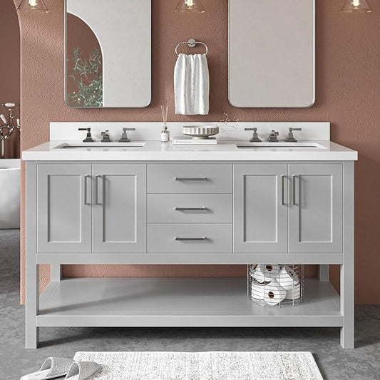 ARIEL Magnolia 60-inch Bathroom Vanity with Sink,Solid Wood, 1.5-inch Pure White Quartz Countertop & Backsplash, Double Rectangular Porcelain Sink, 4 Soft Closing Doors, 3 Dovetail Drawers, Grey