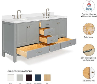 DKB Beckford 72 Inch Bathroom Vanity Double Sink — Grey Bathroom Vanity with Sink, 1.5" Edge Pure White Quartz Countertop & Backsplash, 4 Soft-Close Doors, 6 Dovetail Drawers