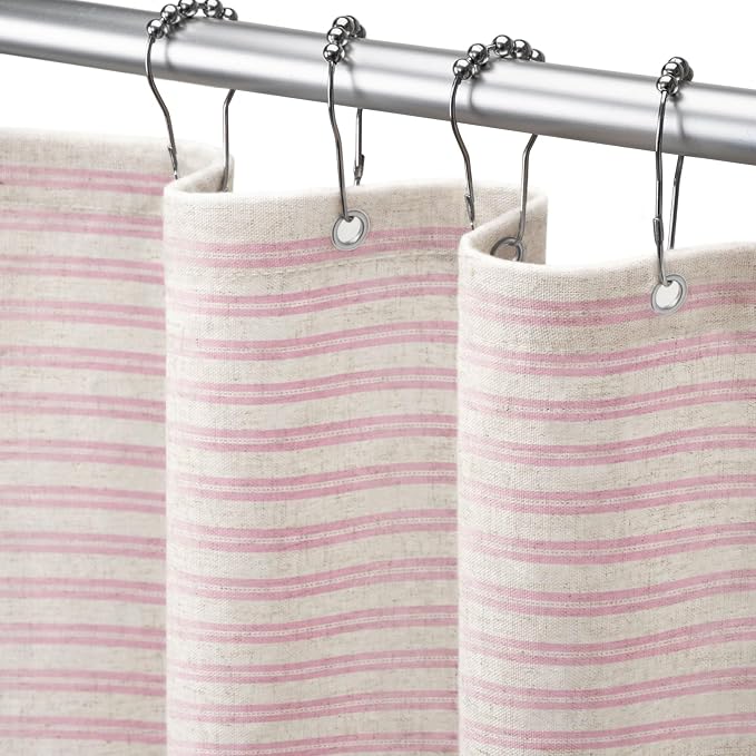 Farmhouse Striped Shower Curtain Horizontal Pink Vintage Linen 72"W X 72"L | Striped Shower Curtains with Linen Texture for Bathroom Decor