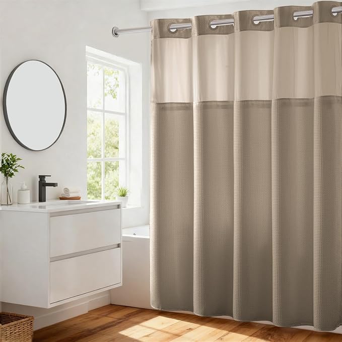 RiverDream Heavyweight Waffle No Hook Shower Curtain with Liner,Linen,71x74 | Dotted Waffle,Snap-in Liner,Heavy Duty,Quick Dry,Mesh Top Window,With Bottom Magnets,Hotel-Grade,Washable,Standard Size