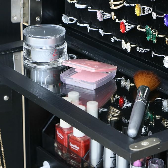 Full Length Jewelry Cabinet Standing With Built-In Mirror Jewelry Armoire With Mirror Drawers, Lockable Storage Mirror With Storage Racks Black