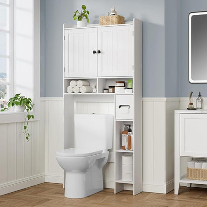 RRX Over The Toilet Storage Cabinet, Bathroom Above Organizer (Milky White) | Free Standing Toilet Rack with Adjustable Shelf and Open Storage, Double Doors, Space Saver, 30.7" L x 7.87 "W x 65.7 "H