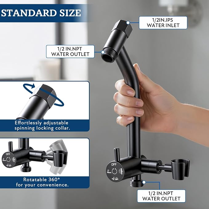 G-Promise All Metal Shower Diverter with Low Handheld Holder (Matte Black) | 6 Inch Downward-Extend Bracket for All Heights, 4 Spray Modes with Pause Mode, Anti-Leak, Easy Install, Universal Replacement