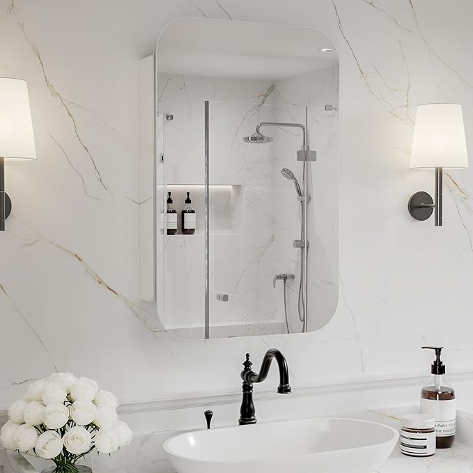 20 x 31 Medicine Cabinet Mirror for Bathroom, Aluminum Frame, Recessed/Surface Mount, Reversible Door, Adjustable Shelves, Wall Mounted Storage Mirror