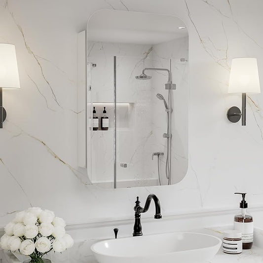 20 x 31 Medicine Cabinet Mirror for Bathroom, Aluminum Frame, Recessed/Surface Mount, Reversible Door, Adjustable Shelves, Wall Mounted Storage Mirror