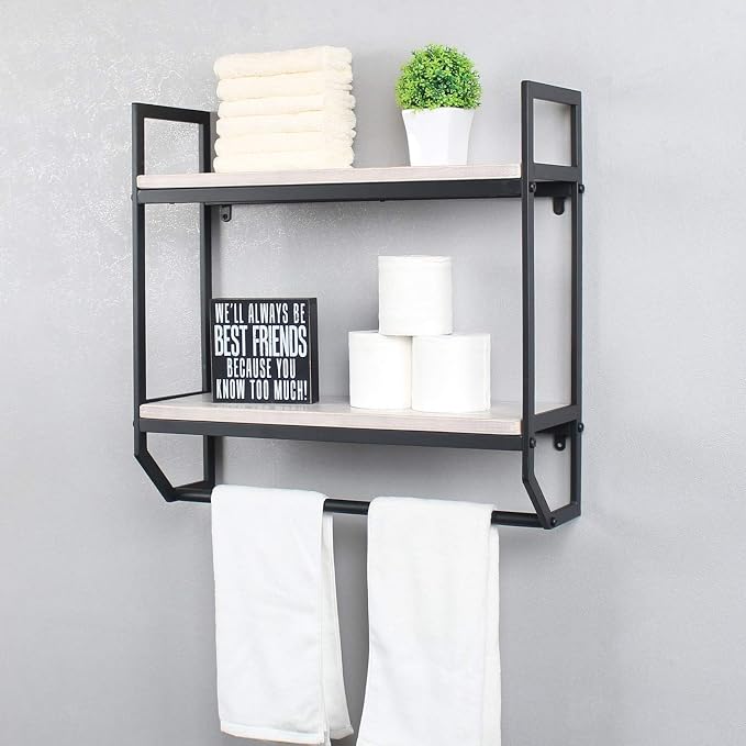 2-Tier Metal Industrial 23.6" Bathroom Shelves Wall Mounted,Rustic Wall Shelf Over Toilet,Towel Rack with Towel Bar,Utility Storage Shelf Rack, Floating Shelves Towel Holder,Retro White
