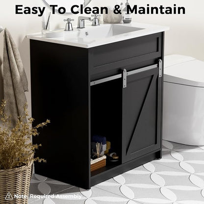 30" Bathroom Vanity with Sink, Bathroom Vanity Set with Sliding Barn Door & 3 Drawers, Freestanding Bathroom Vanities with Metal Handle, Farmhouse Bathroom Cabinet, Black