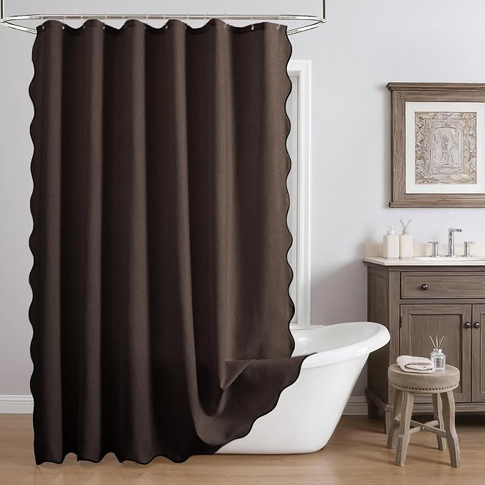 Linen Scallop Shower Curtain with 12 Clear Hooks, Waterproof, 72x72, Brown | Waterproof Heavy Duty Thick Fabric with Black Border, Minimalist Neutral Boho Farmhouse Bathroom Décor