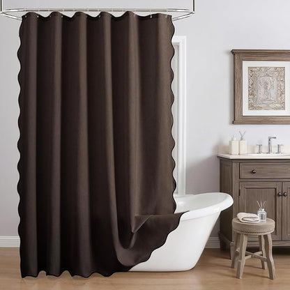 Linen Scallop Shower Curtain with 12 Clear Hooks, Waterproof, 72x72, Brown | Waterproof Heavy Duty Thick Fabric with Black Border, Minimalist Neutral Boho Farmhouse Bathroom Décor