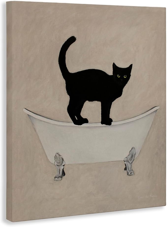 Black Cat Claw Foot Bathtub, 16 x 20 Inch Canvas Wall Art | Stupell Industries · By Coco de Paris · Ready to hang · Bathroom novelty decor · Made in USA