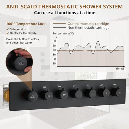 CASAINC 35x16 Inch Thermostatic Shower System Luxury 6 Functions Full Body Shower System, Multifunctional Shower Jets System with Sliding Rod 2 in 1 Handheld, LED & Music (Matte Black)