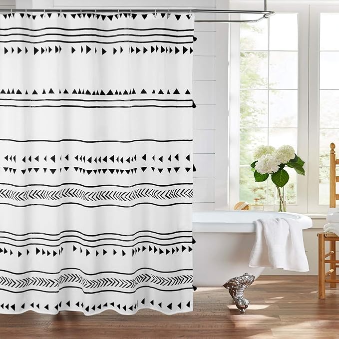 Uphome Boho Shower Curtain Black and White Fabric Shower Curtain with Hooks Chic Triangle Geometric Cloth Bathroom Curtains Set Waterproof Weighted Hem for Modern Hotel Decorative Accessories 60x72