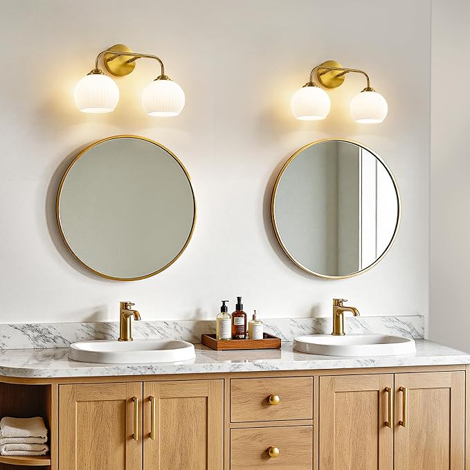 RUIYEY Bathroom Vanity Light Fixtures: 2-Lights Gold Bathroom Lighting Fixtures Over Mirror, 15.9" Mid-Century Modern Wall Sconces with Ribbed Lantern Frosted Glass Shade for Kitchen Bedroom Restroom