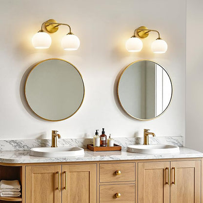 RUIYEY Bathroom Vanity Light Fixtures: 2-Lights Gold Bathroom Lighting Fixtures Over Mirror, 15.9" Mid-Century Modern Wall Sconces with Ribbed Lantern Frosted Glass Shade for Kitchen Bedroom Restroom
