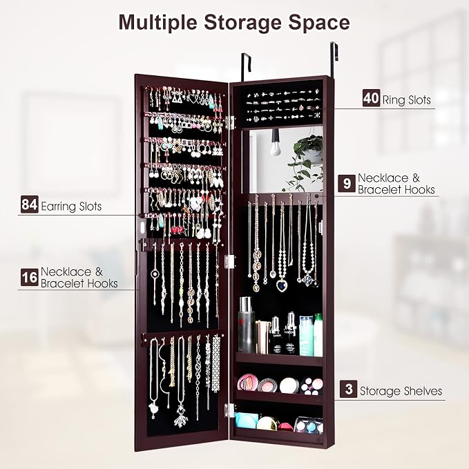 COSTWAY Full Length Mirror Jewelry Cabinet, Wall Door Mounted Jewelry Organizer with Makeup Mirror, Ring Slots and Necklace Hooks, Large Storage Jewelry Armoire for Bedroom, Dressing Room (Brown)