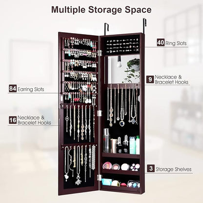 COSTWAY Full Length Mirror Jewelry Cabinet, Wall Door Mounted Jewelry Organizer with Makeup Mirror, Ring Slots and Necklace Hooks, Large Storage Jewelry Armoire for Bedroom, Dressing Room (Brown)