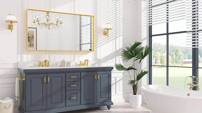 Keonjinn 55x30 Inch Gold Bathroom Mirror for Over Sink, HD Tempered Glass | Rectangular, Vanity Mirror, Brushed Framed, Square Corner, Modern Farmhouse, Wall Mounted Mirrors, Aluminum Alloy