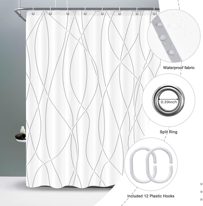 Striped Shower Curtain for Bathroom, Grey Shadow, 60" W x 72" L | with Hooks, Modern Hotel Style, Water Repellent, Washable, Weighted Hem