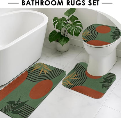 Bathroom Sets with Shower Curtain and Rugs, Boho 4 Pcs Mid | Century Modern Minimalist Bathroom Decor Set with Toilet Lid Cover, Non-Slip Bath Mats and Accessories 12 Hooks