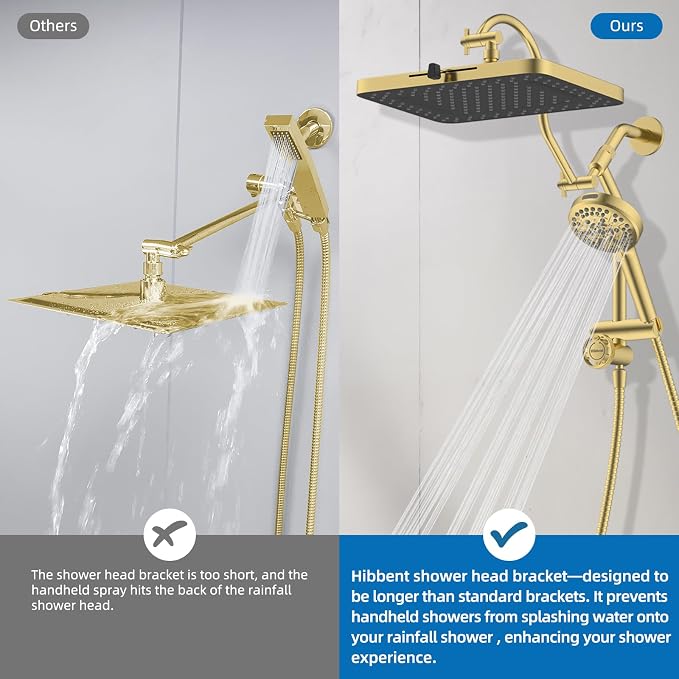 Hibbent cUPC Certified High Pressue 13'' Rainfall Shower Head with 5-Spray | Shower Heads with Handheld 10-Spray Combo, All Metal Easy Reach 4-way Diverter Arm, 71'' Hose & Holder, Brushed Gold