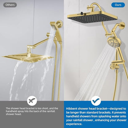 Hibbent cUPC Certified High Pressue 13'' Rainfall Shower Head with 5-Spray | Shower Heads with Handheld 10-Spray Combo, All Metal Easy Reach 4-way Diverter Arm, 71'' Hose & Holder, Brushed Gold