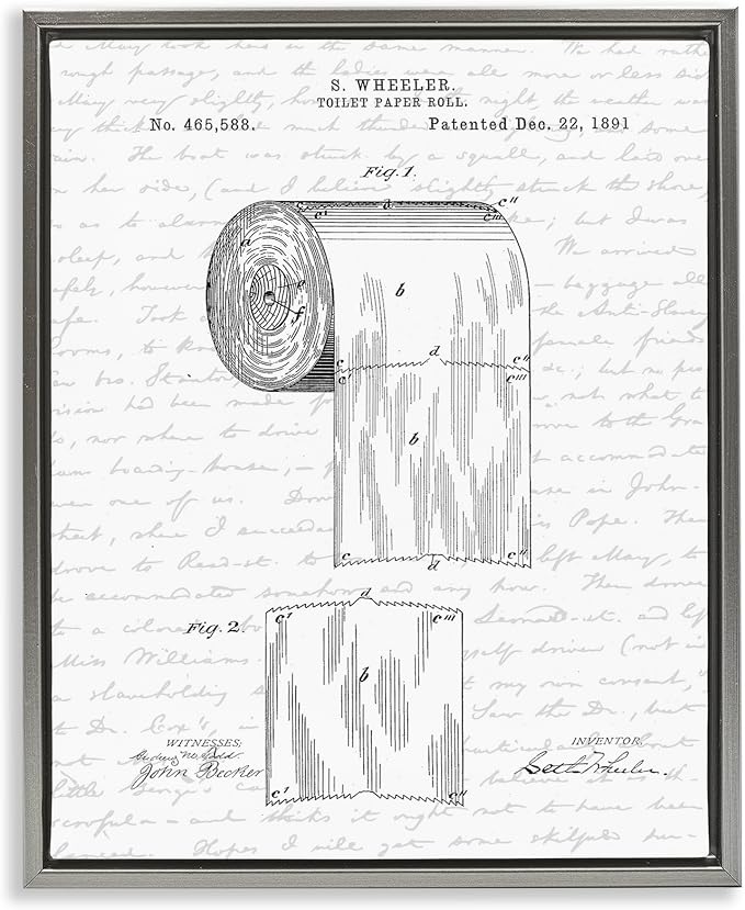 Vintage Patent Bathroom, 16 x 20 Inch Canvas in Floater Frame | Stupell Industries · By Lettered and Lined · Ready to hang · Great for bath and laundry decor · Made in USA