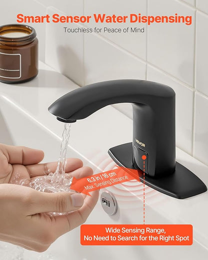 VEVOR Touchless Bathroom Sink Faucet, Automatic Motion Sensor Restroom Toilet Faucet with Hole Cover Plate, Battery Operated,Adjustable Temperature for 9/16 in Pipe Commercial Lavatory,Matte Black